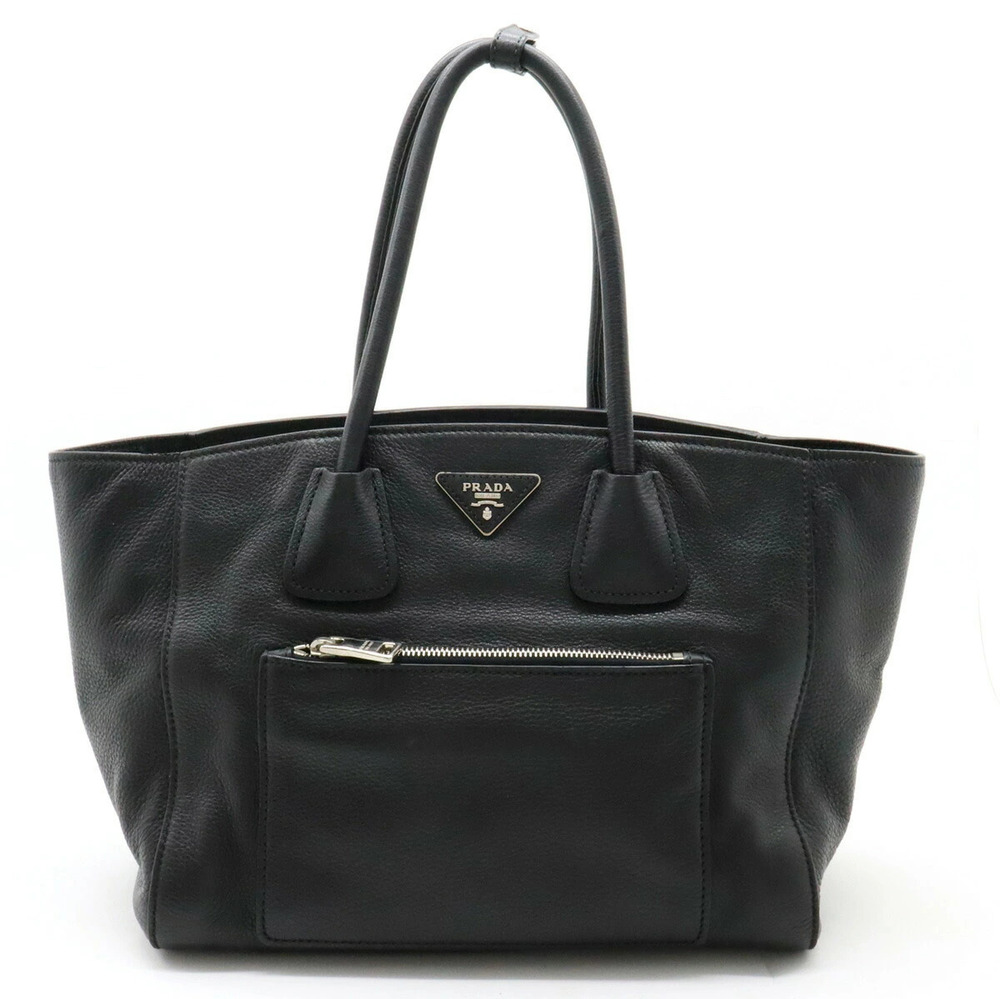 Prada VITELLO PHENIX Tote Bag Shoulder Leather Black Nero Black Strap